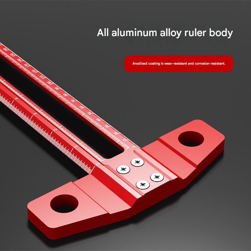 Red Multifunctional T-Square Ruler 0-300mm -  Aluminium Alloy with Laser Engraved Scale - Interchangeable Drill Bushings, 90 Degree Marking & Drilling Guide for Woodworking, DIY and Carpentry - Image 5