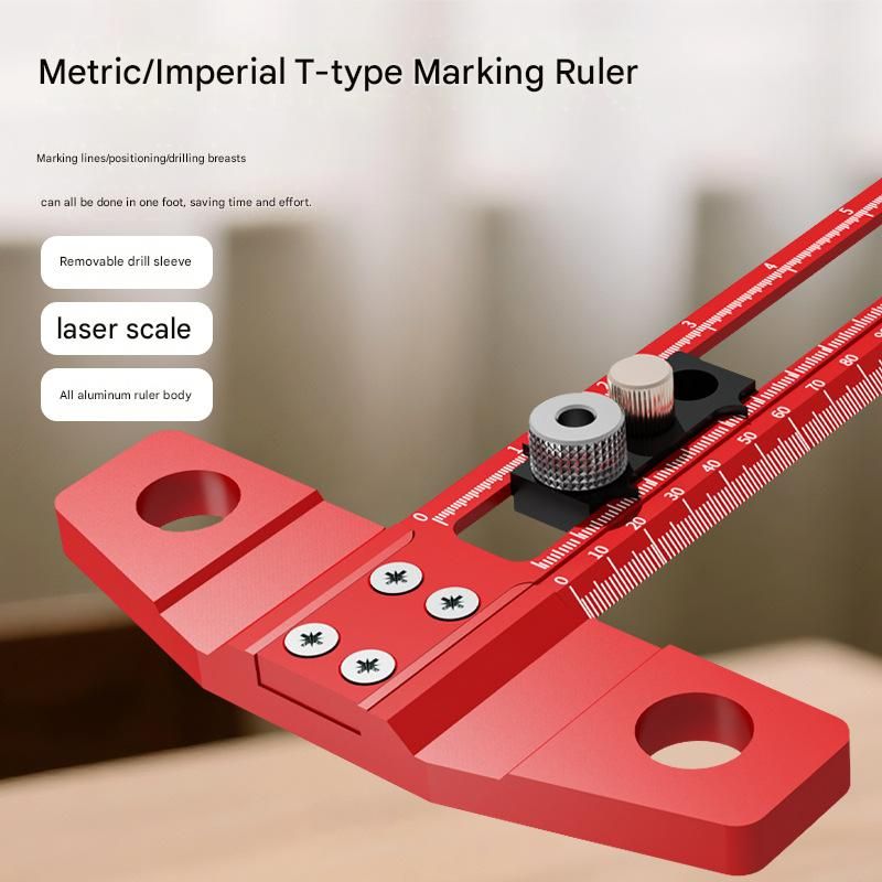 Red Multifunctional T-Square Ruler 0-400mm -  Aluminium Alloy with Laser Engraved Scale - Interchangeable Drill Bushings, 90 Degree Marking & Drilling Guide for Woodworking, DIY and Carpentry - Image 2