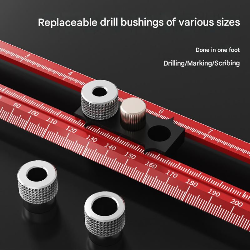 Red Multifunctional T-Square Ruler 0-400mm -  Aluminium Alloy with Laser Engraved Scale - Interchangeable Drill Bushings, 90 Degree Marking & Drilling Guide for Woodworking, DIY and Carpentry - Image 3