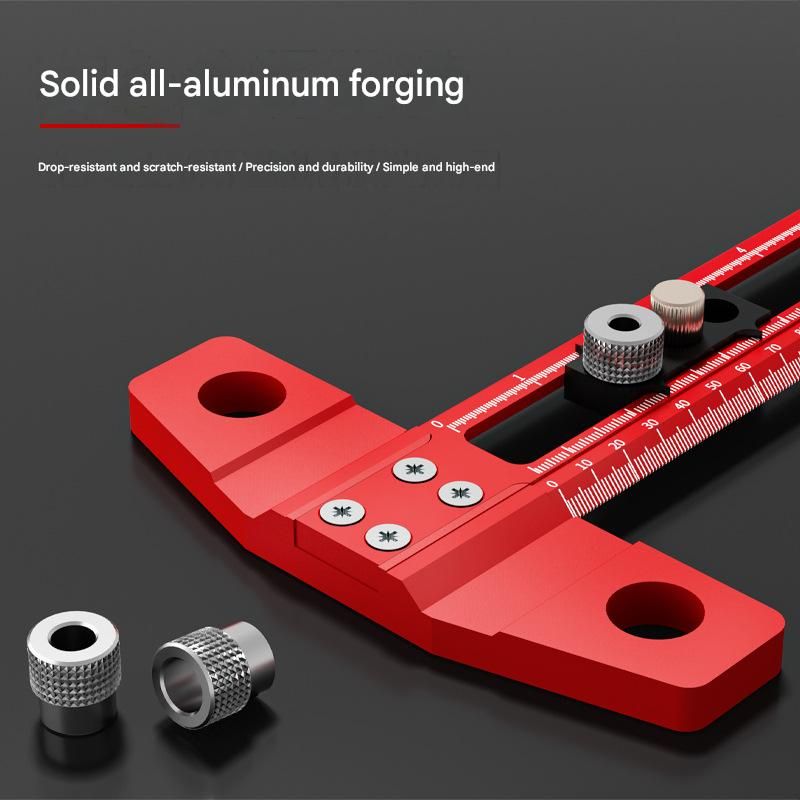 Red Multifunctional T-Square Ruler 0-400mm -  Aluminium Alloy with Laser Engraved Scale - Interchangeable Drill Bushings, 90 Degree Marking & Drilling Guide for Woodworking, DIY and Carpentry - Image 4