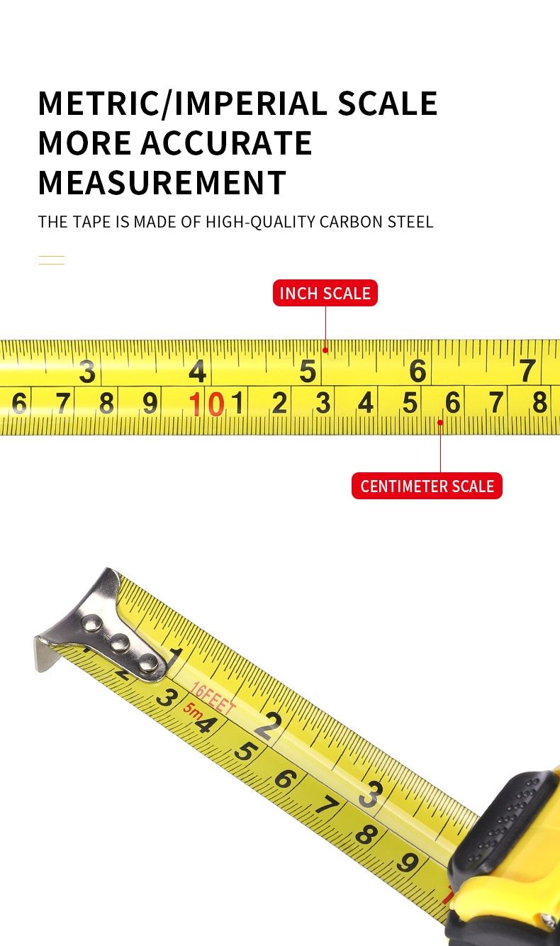5M Heavy Duty Steel Tape Measure -  Metric & Imperial Dual Scale - High Carbon Steel Blade, Anti-Slip ABS+TPR Casing, Push-Button Lock, Wear-Resistant for Construction & DIY - Image 5