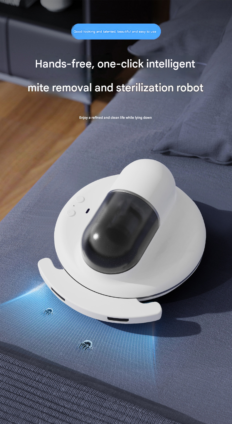 White Automatic Intelligent Walking Mite Removal Robot - UV Sterilisation, High Frequency Beating, Strong Suction, Wireless Rechargeable Bed Vacuum for Mattress, Sofa, Carpet, Pet Hair - Image 2