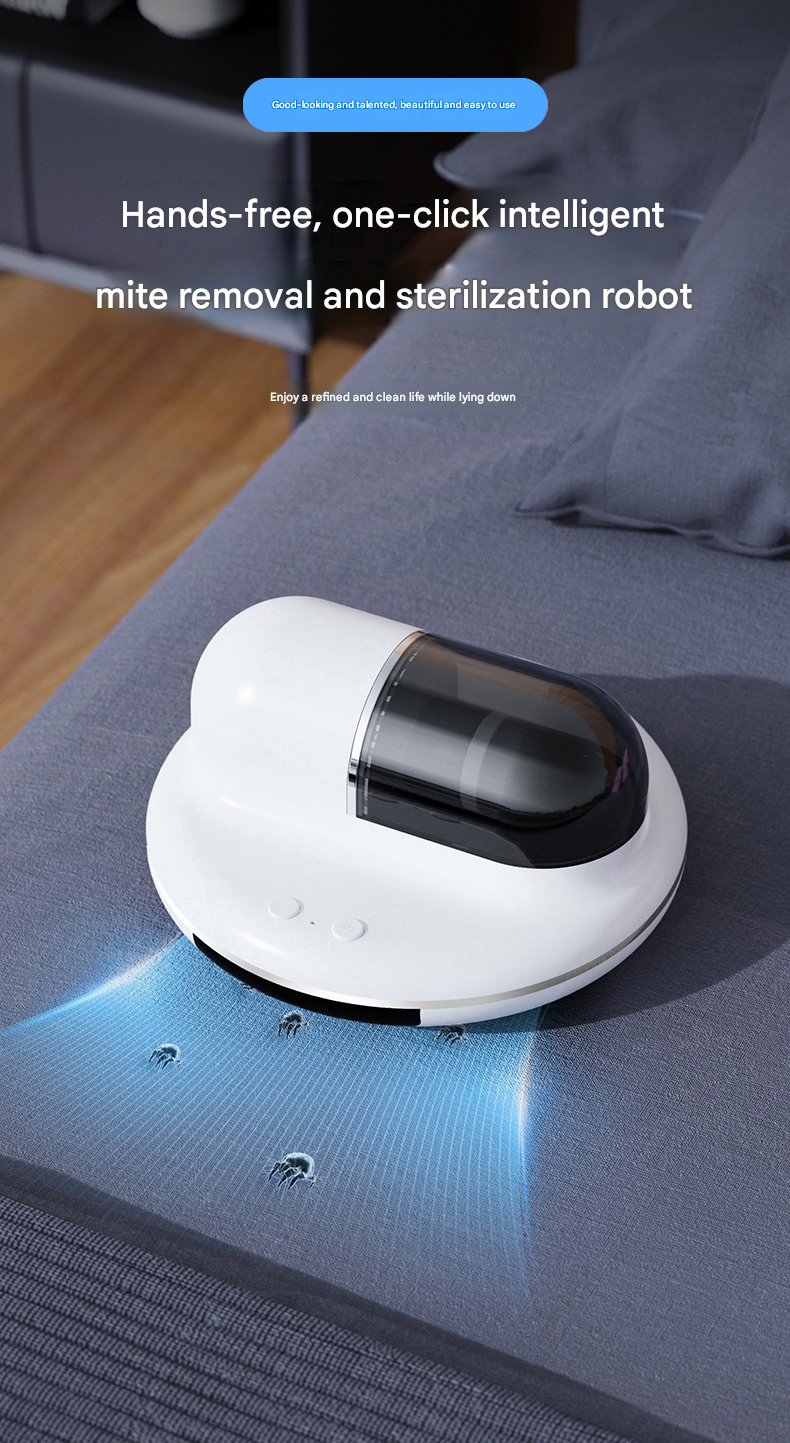 White Automatic Intelligent Walking Mite Removal Robot - UV Sterilisation, High Frequency Beating, Strong Suction, Wireless Rechargeable Bed Vacuum for Mattress, Sofa, Carpet, Pet Hair - Image 4