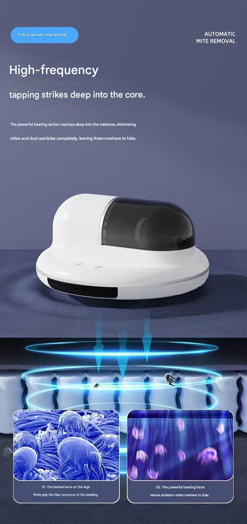 White Automatic Intelligent Walking Mite Removal Robot - UV Sterilisation, High Frequency Beating, Strong Suction, Wireless Rechargeable Bed Vacuum for Mattress, Sofa, Carpet, Pet Hair - Image 7