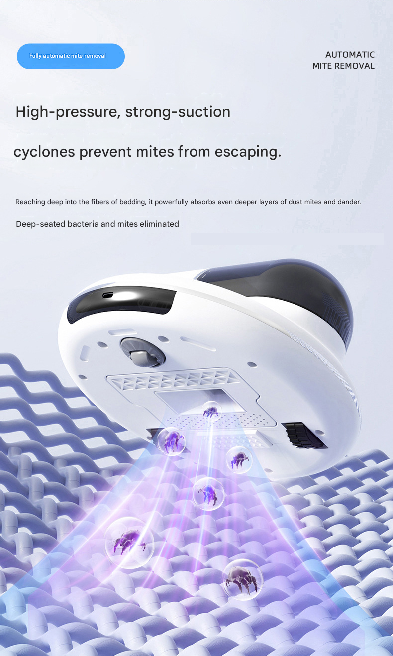 White Automatic Intelligent Walking Mite Removal Robot - UV Sterilisation, High Frequency Beating, Strong Suction, Wireless Rechargeable Bed Vacuum for Mattress, Sofa, Carpet, Pet Hair - Image 8
