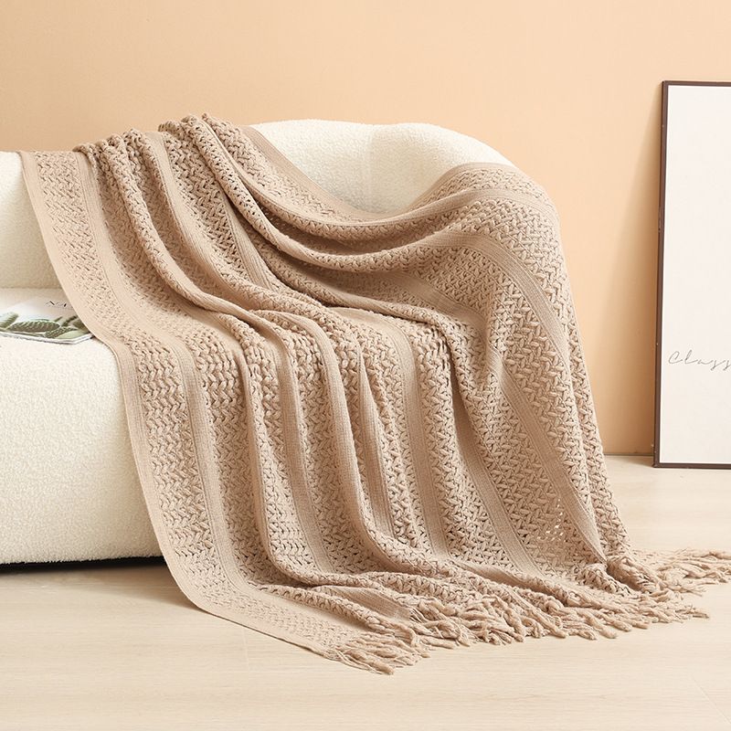 Khaki Elegant Openwork Knitted Throw Blanket with Tassels - 130x230cm Large Decorative Soft Sofa Blanket for Living Room & Bedroom - Breathable Cozy Cover for Travel & Office Nap - Image 1