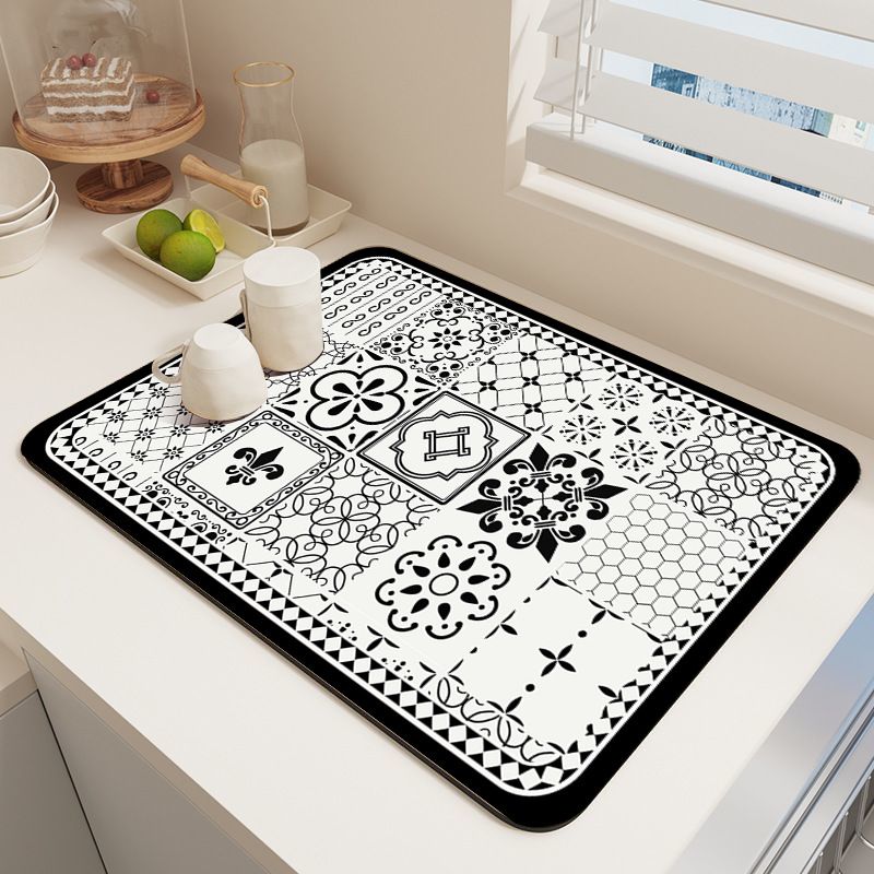 Diatom Mud Kitchen Counter Mat - Quick Dry Absorbent Non-Slip Draining Pad for Sink Benchtop 50cm x 80cm(Black and White Iris) - Image 1