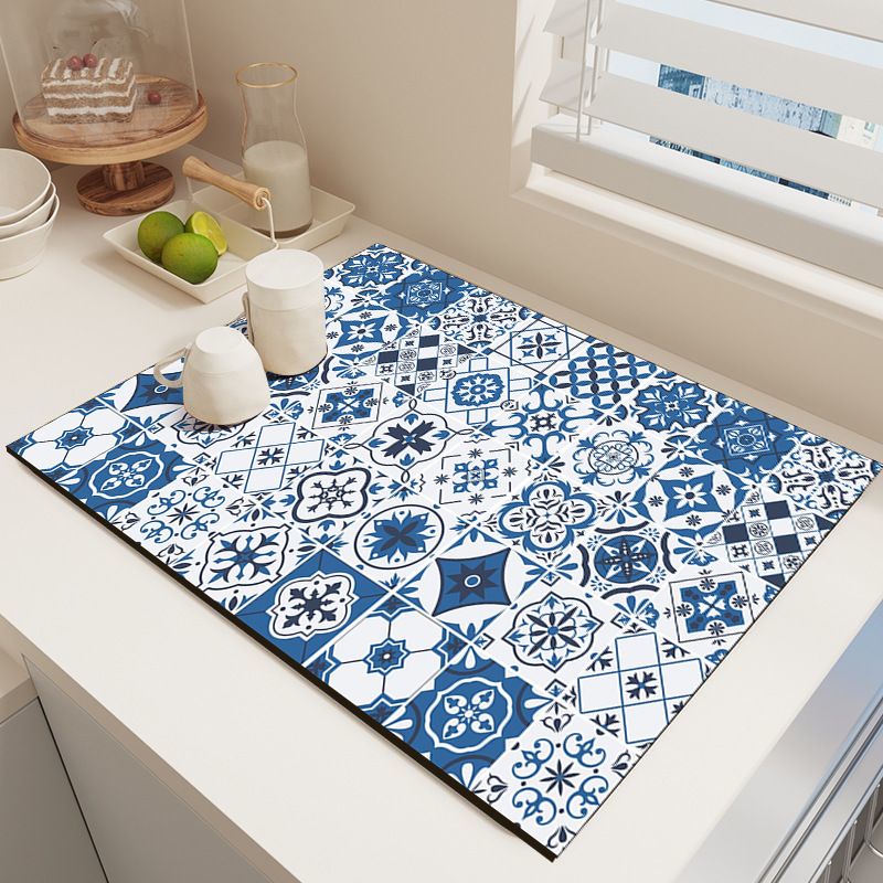 Diatom Mud Kitchen Counter Mat - Quick Dry Absorbent Non-Slip Draining Pad for Sink Benchtop 50cm x 80cm(Impressions of Blue and White Porcelain) - Image 1