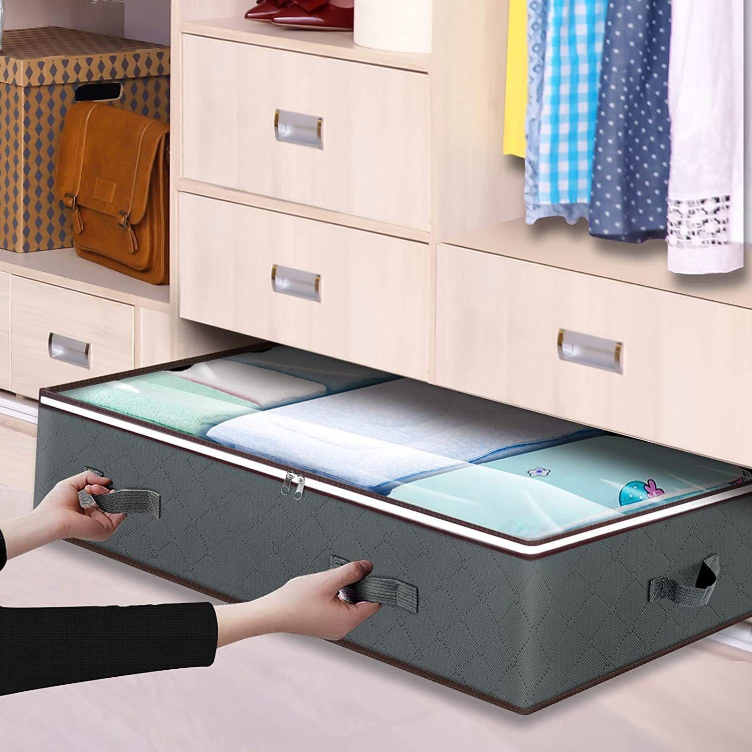 Grey Under Bed Storage Bag - Foldable Underbed Organiser with Clear Window and Handles for Blankets Clothes - Image 2