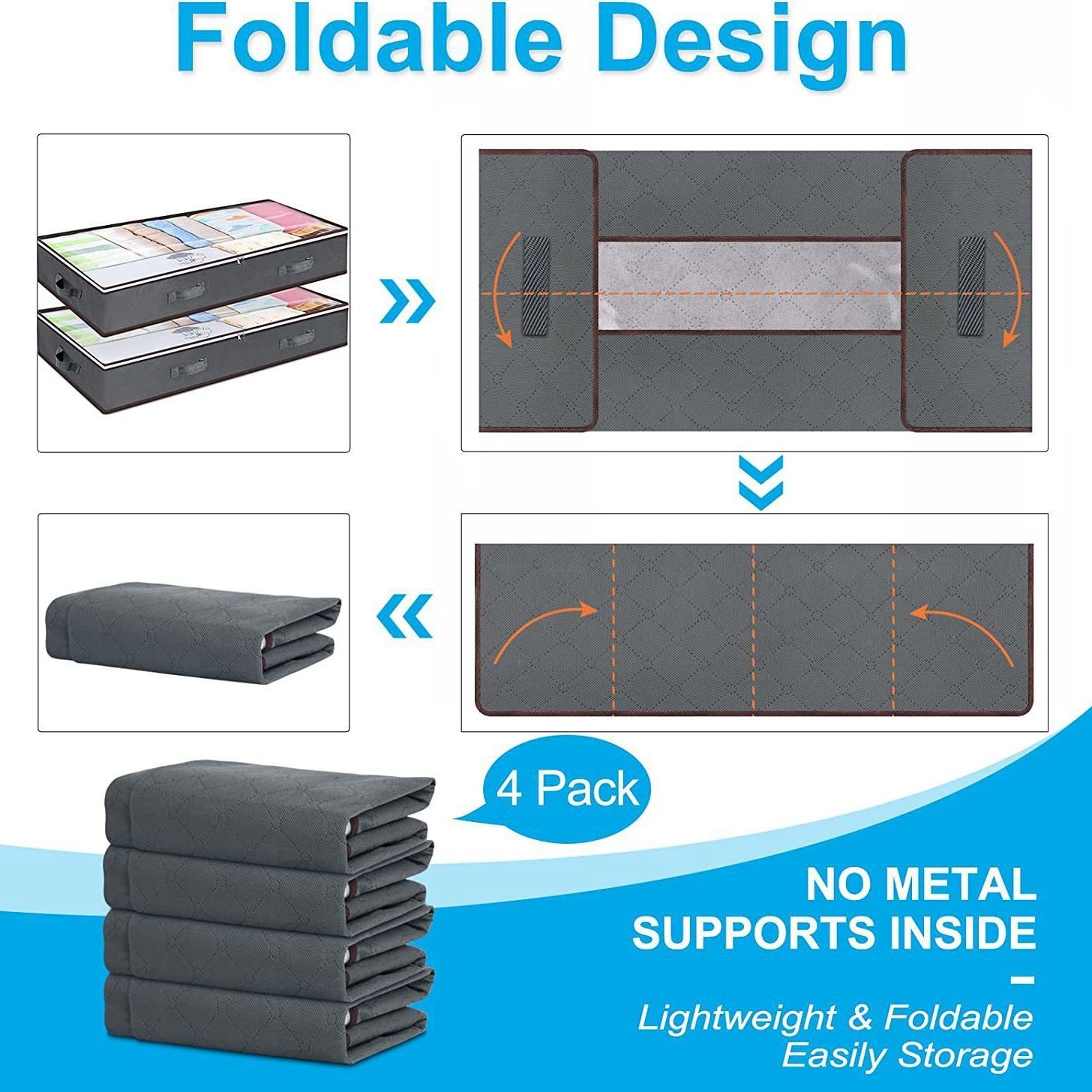 Grey Under Bed Storage Bag - Foldable Underbed Organiser with Clear Window and Handles for Blankets Clothes - Image 3
