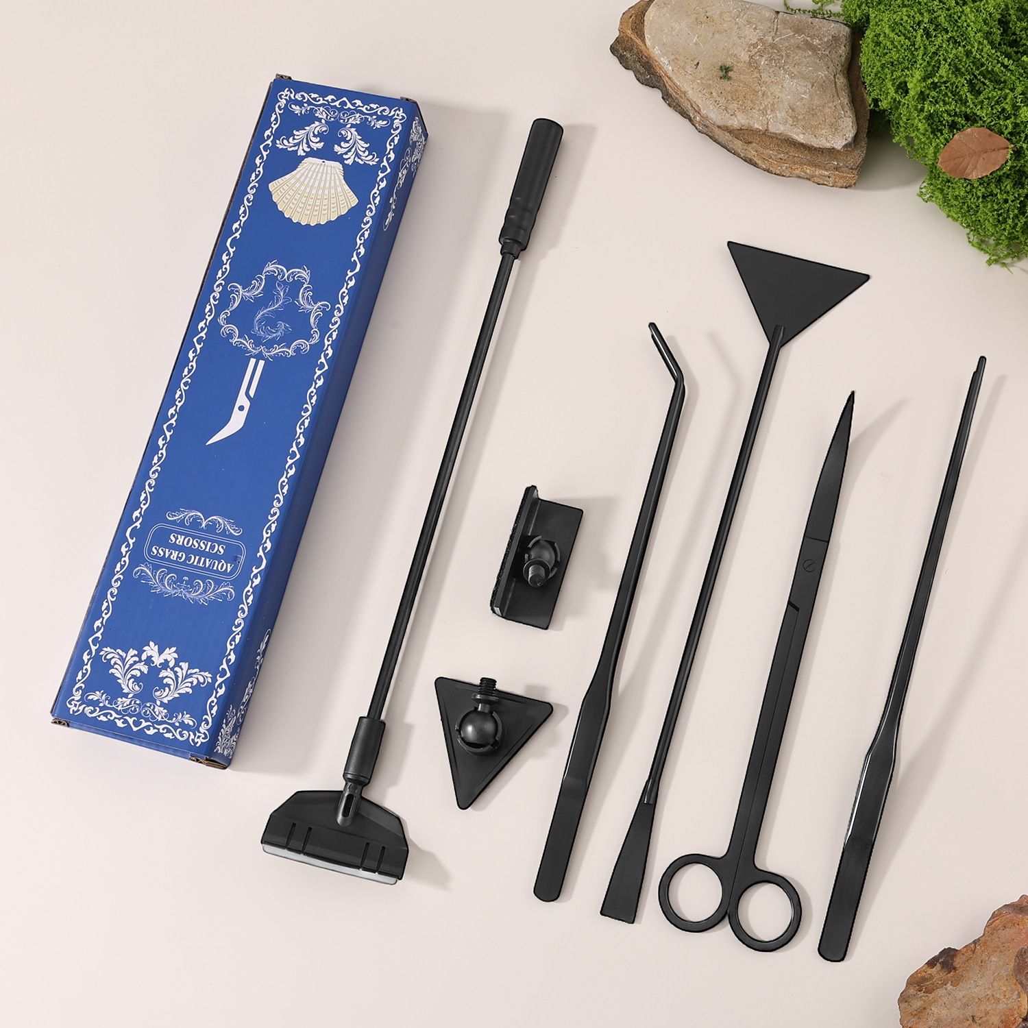 Black Stainless Steel Aquarium Cleaning Tool Kit - 5 Piece Fish Tank Maintenance Set with Tweezers Scissors Algae Scraper Spatula - Image 1