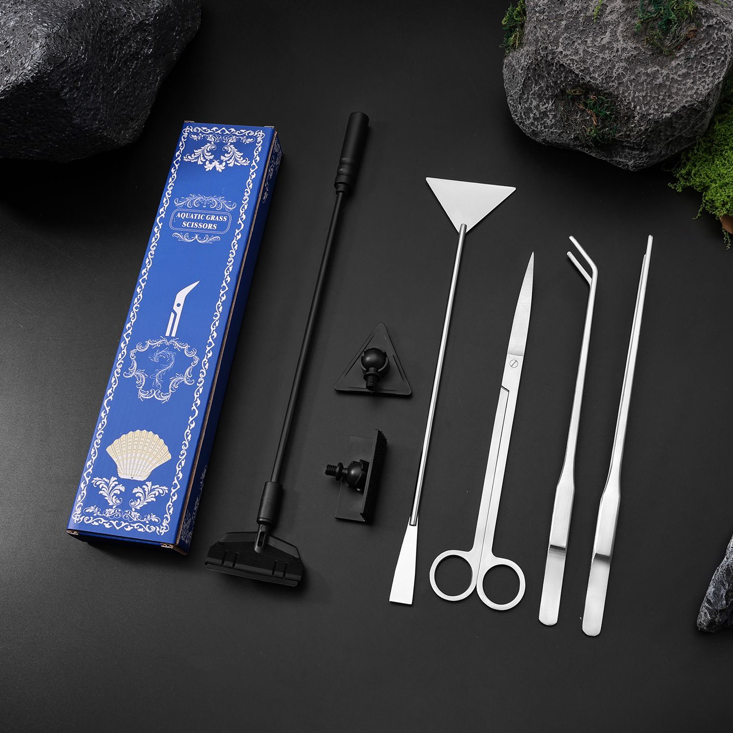 Silver Stainless Steel Aquarium Cleaning Tool Kit - 5 Piece Fish Tank Maintenance Set with Tweezers Scissors Algae Scraper Spatula - Image 1