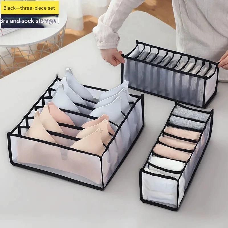 Black Drawer Underwear Organiser Set - 3 Piece Mesh Storage Boxes for Bras Underwear Socks - Image 1