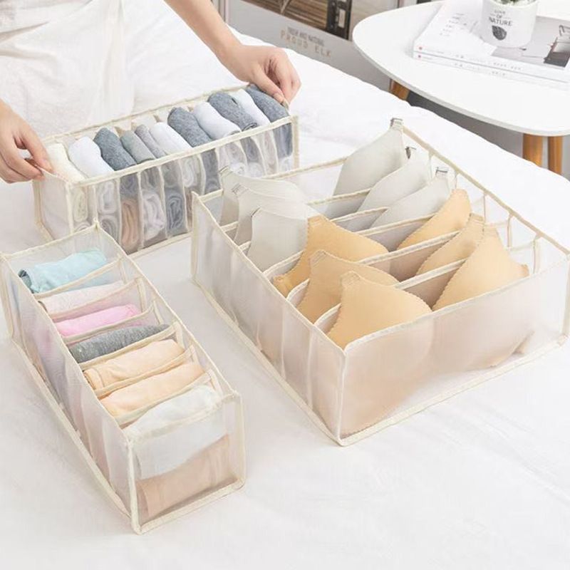 Beige Drawer Underwear Organiser Set - 3 Piece Mesh Storage Boxes for Bras Underwear Socks - Image 1