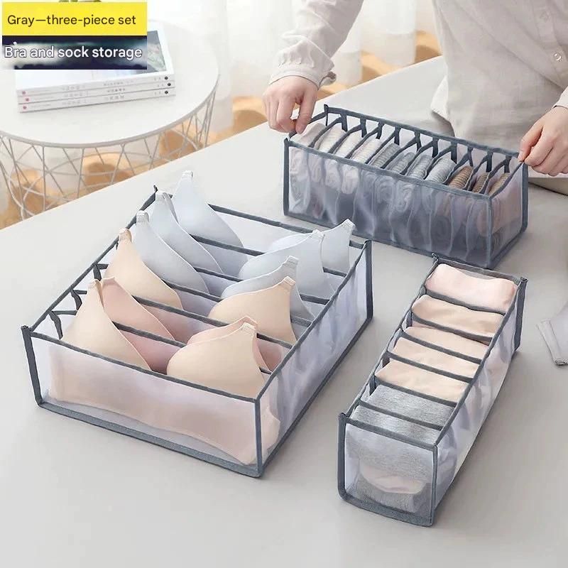 Grey Drawer Underwear Organiser Set - 3 Piece Mesh Storage Boxes for Bras Underwear Socks - Image 1