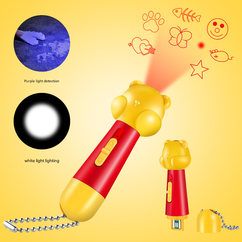 Yellow Bear Laser Cat Toy Set - 2 Piece USB Rechargeable Multi Pattern Laser Pointer with UV and White Light for Cats - Image 1