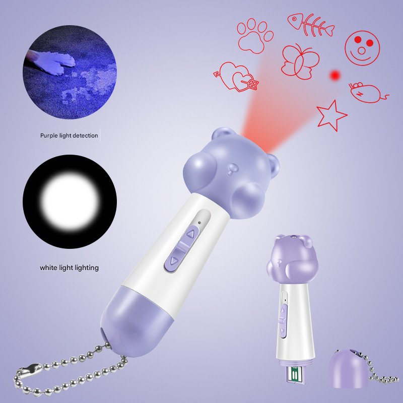 Purple Bear Laser Cat Toy Set - 2 Piece USB Rechargeable Multi Pattern Laser Pointer with UV and White Light for Cats - Image 1