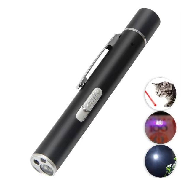 Grey Metal Laser Cat Toy Pen Set - 2 Piece USB Rechargeable 3-in-1 Laser Pointer with UV Light and LED Torch in Gift Tin Box - Image 2