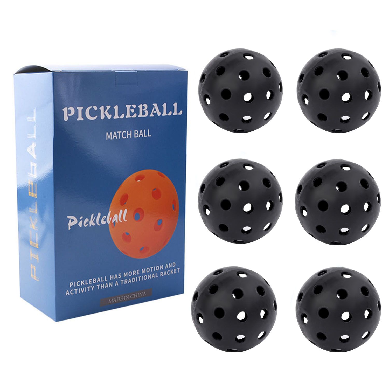 Black Pickleball Balls Set - 6 Piece 40 Hole Outdoor Indoor Pickleball Match Balls - Image 1