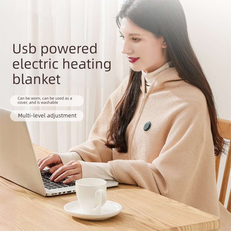 Apricot color USB Heated Blanket Poncho - Rechargeable Electric Warming Shawl with Fast Heating and Multi Use Design - Image 3