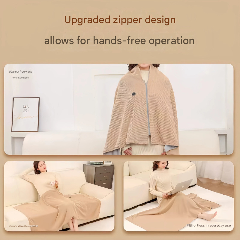 Apricot color USB Heated Blanket Poncho - Rechargeable Electric Warming Shawl with Fast Heating and Multi Use Design - Image 4