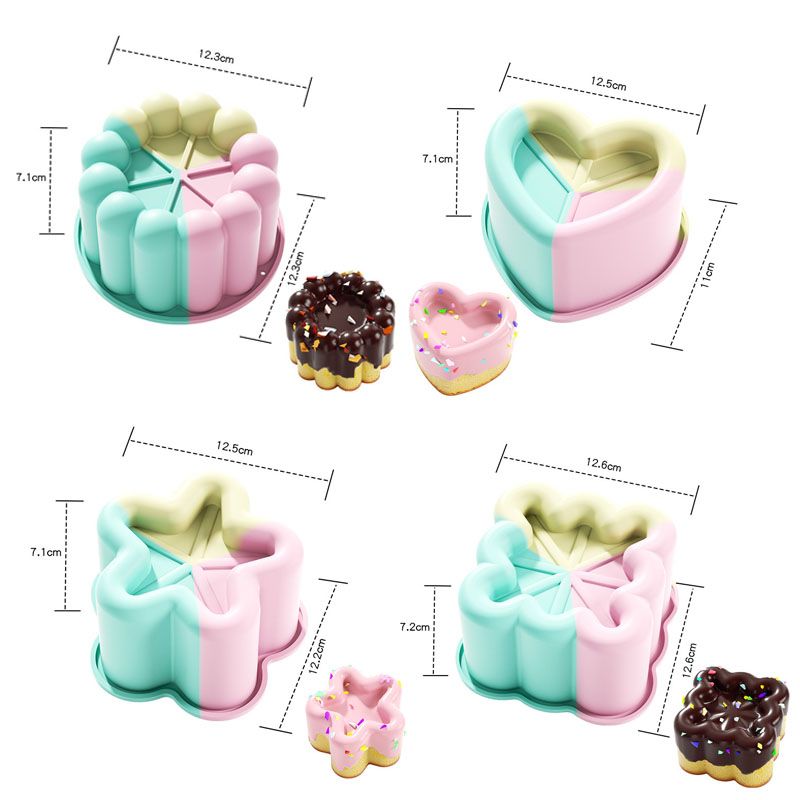 4 Piece Colorful  Silicone Baking Mould Set - Heart Star Square Round Shapes Food Grade Cake Mousse Pudding Dessert Molds - Image 1