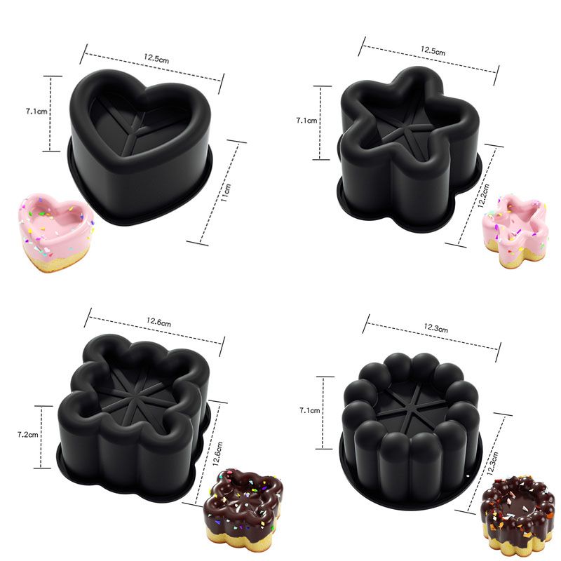 4 Piece Black  Silicone Baking Mould Set - Heart Star Square Round Shapes Food Grade Cake Mousse Pudding Dessert Molds - Image 1