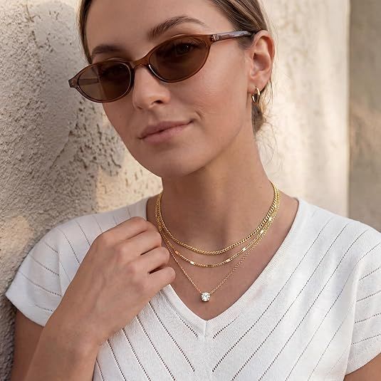 Golden Layered Zircon Necklace Set - Multi Strand Chain Choker with Pendant and Bar Accents Fashion Jewellery - Image 3