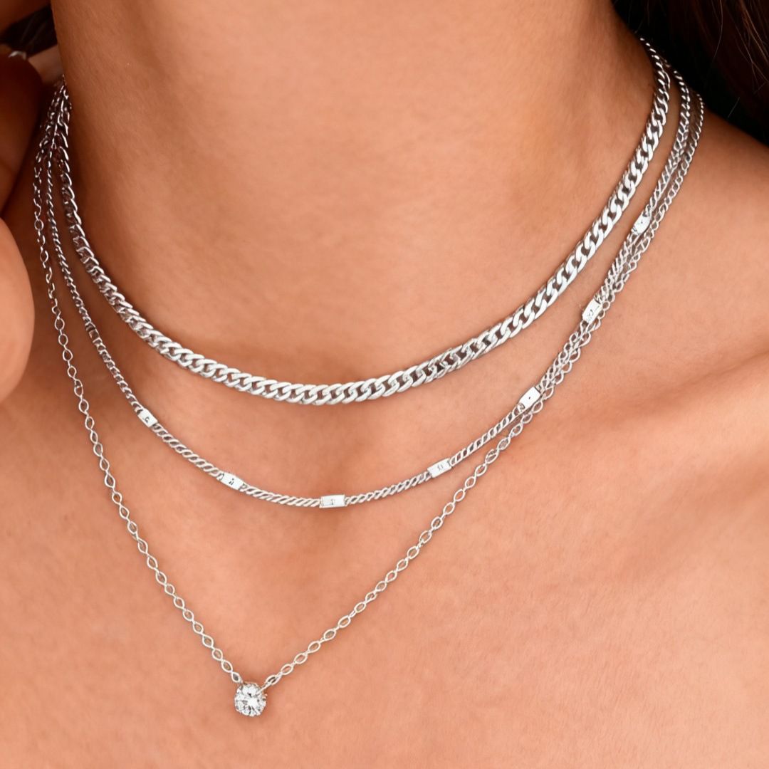 Silver Layered Zircon Necklace Set - Multi Strand Chain Choker with Pendant and Bar Accents Fashion Jewellery - Image 1