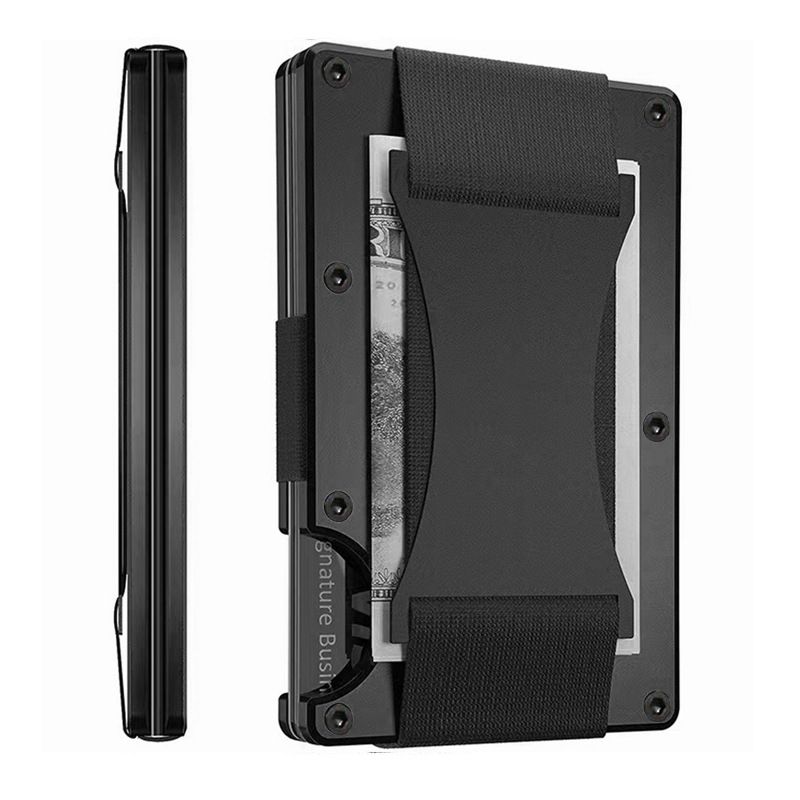 Black Slim RFID Blocking Aluminum Card Holder - Metal Wallet with Cash Strap Minimalist Card Case - Image 1
