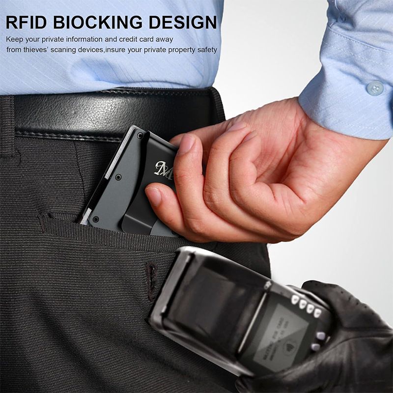Black Slim RFID Blocking Aluminum Card Holder - Metal Wallet with Cash Strap Minimalist Card Case - Image 6