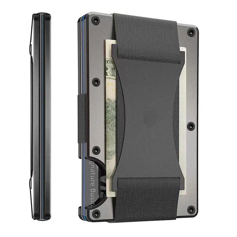 Grey Slim RFID Blocking Aluminum Card Holder - Metal Wallet with Cash Strap Minimalist Card Case - Image 1