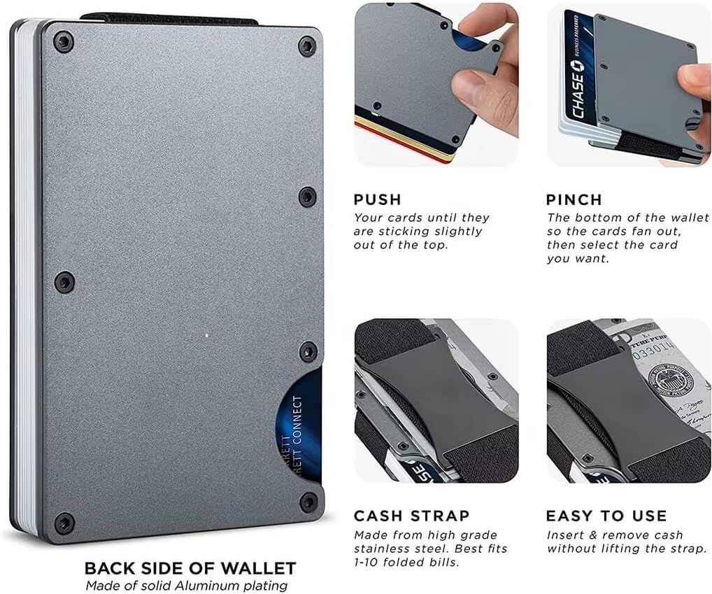 Grey Slim RFID Blocking Aluminum Card Holder - Metal Wallet with Cash Strap Minimalist Card Case - Image 3