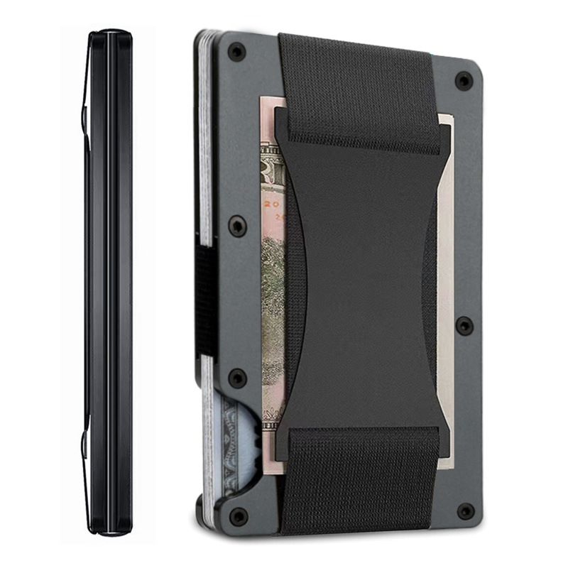 Dark grey Slim RFID Blocking Aluminum Card Holder - Metal Wallet with Cash Strap Minimalist Card Case - Image 1