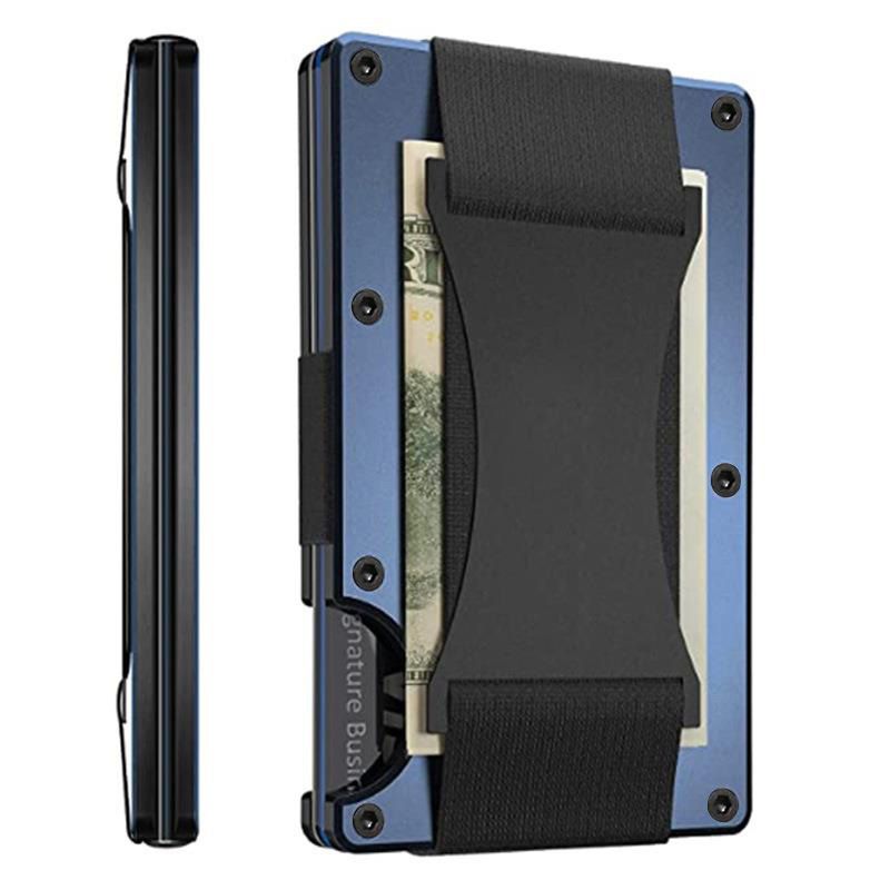 Royal blue Slim RFID Blocking Aluminum Card Holder - Metal Wallet with Cash Strap Minimalist Card Case - Image 1