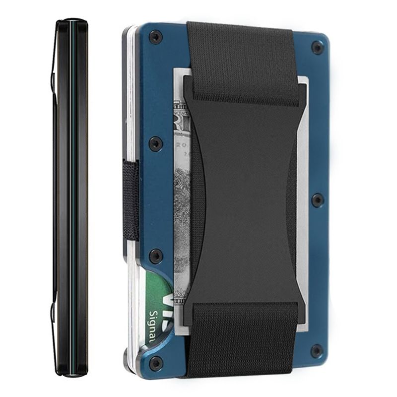 Navy blue Slim RFID Blocking Aluminum Card Holder - Metal Wallet with Cash Strap Minimalist Card Case - Image 1