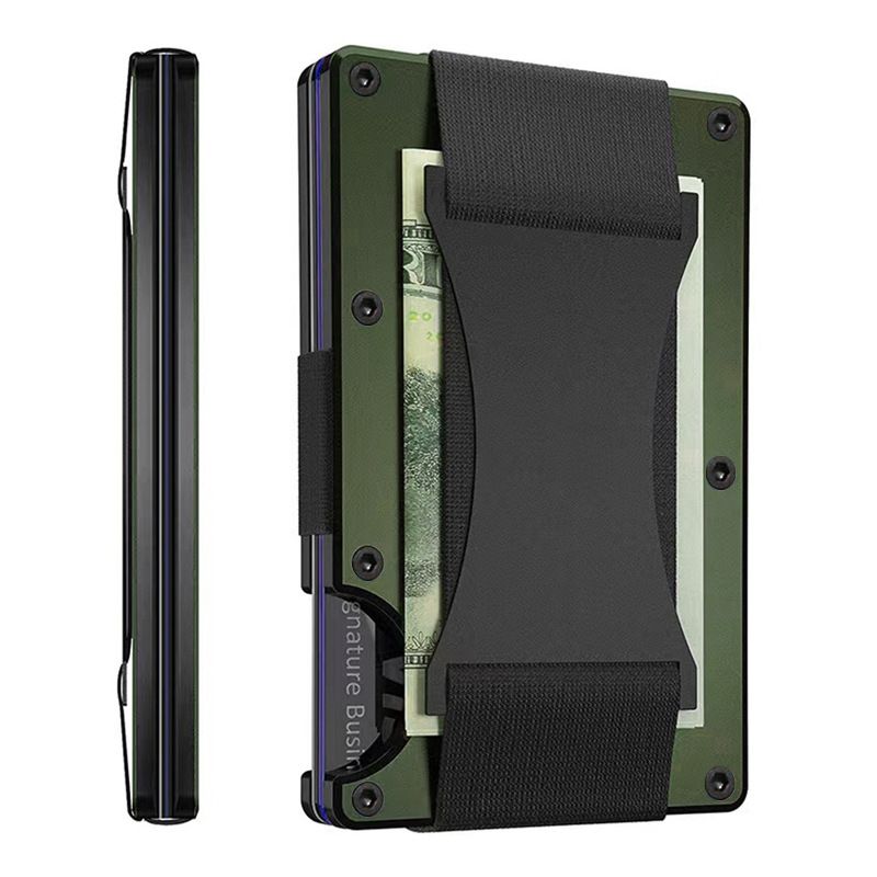 Army green Slim RFID Blocking Aluminum Card Holder - Metal Wallet with Cash Strap Minimalist Card Case - Image 1