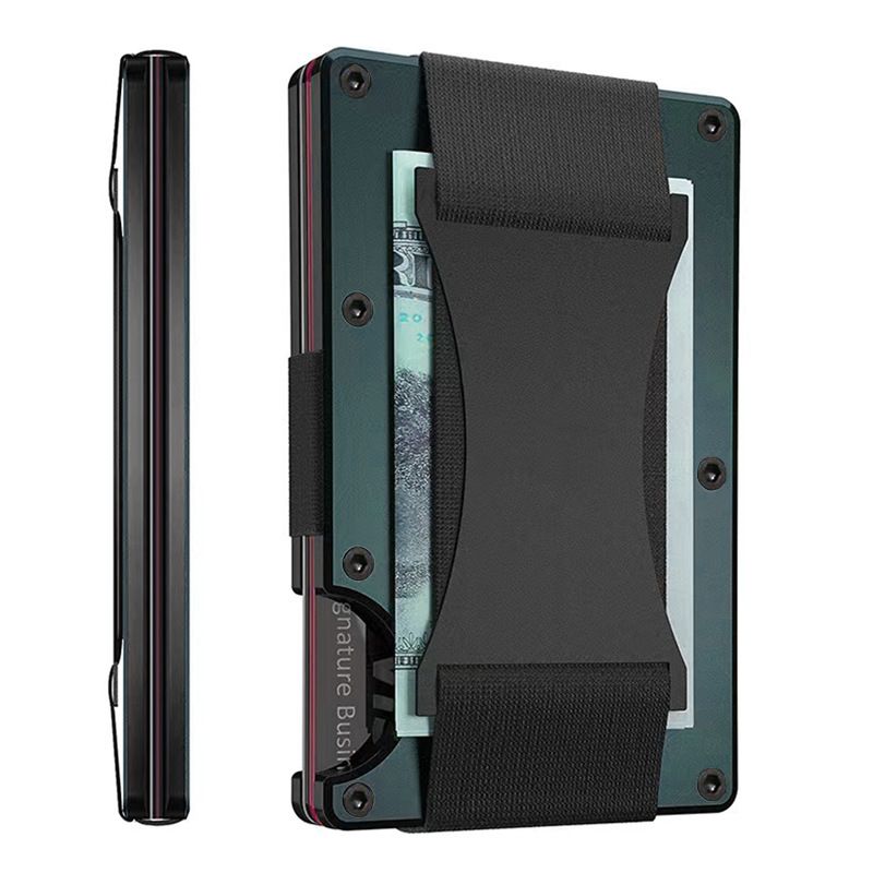 Dark green Slim RFID Blocking Aluminum Card Holder - Metal Wallet with Cash Strap Minimalist Card Case - Image 1