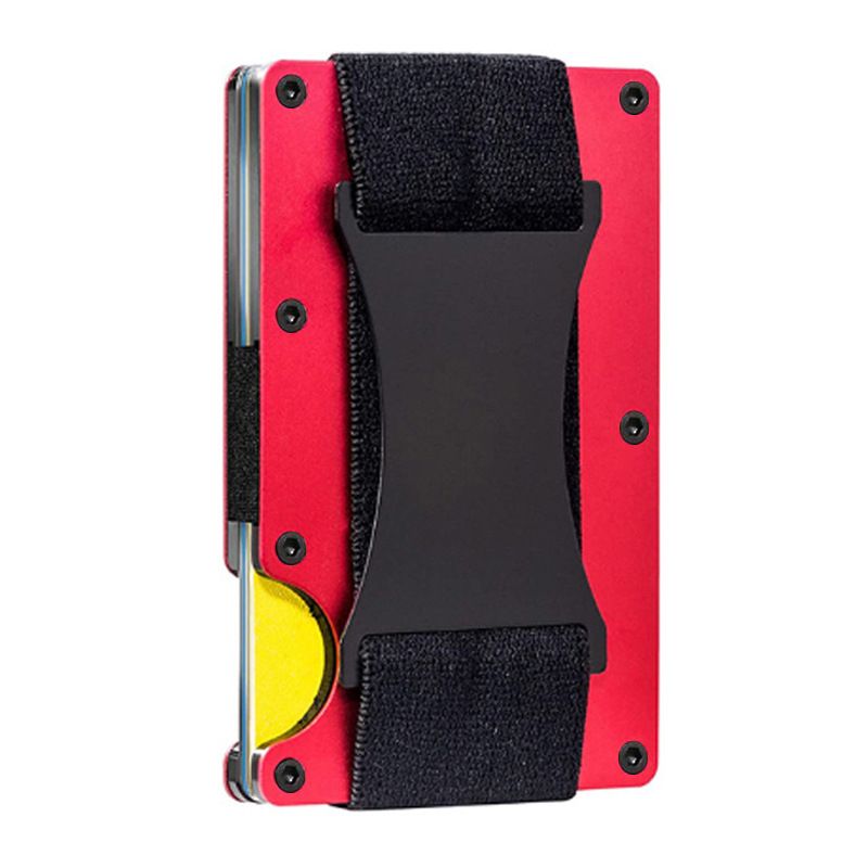 Red Slim RFID Blocking Aluminum Card Holder - Metal Wallet with Cash Strap Minimalist Card Case - Image 1