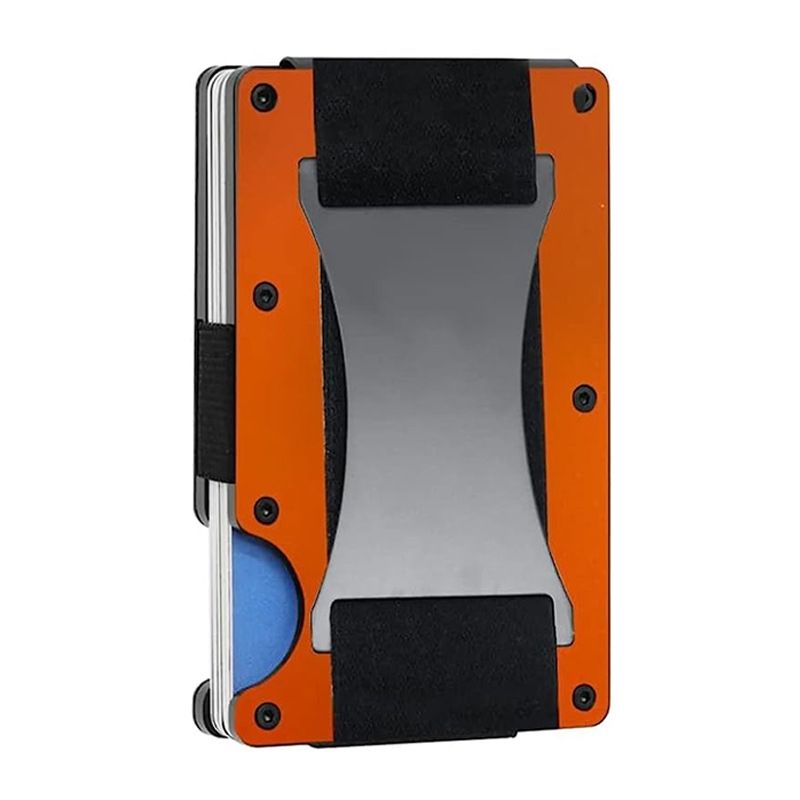 Orange Slim RFID Blocking Aluminum Card Holder - Metal Wallet with Cash Strap Minimalist Card Case - Image 1