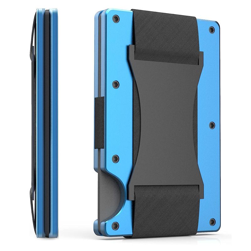 Blue Slim RFID Blocking Aluminum Card Holder - Metal Wallet with Cash Strap Minimalist Card Case - Image 1