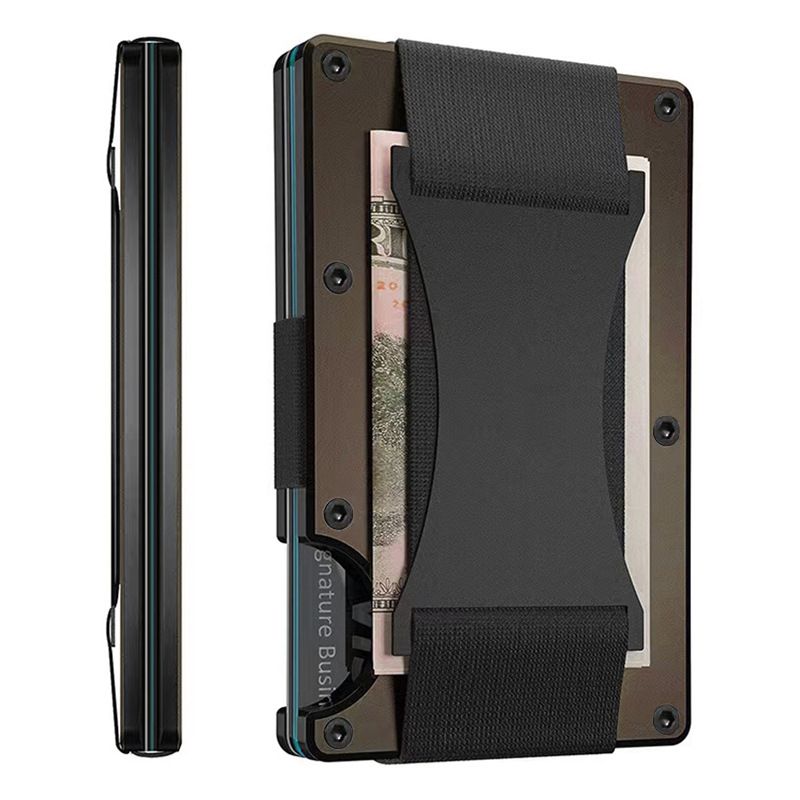 Coffee color Slim RFID Blocking Aluminum Card Holder - Metal Wallet with Cash Strap Minimalist Card Case - Image 1