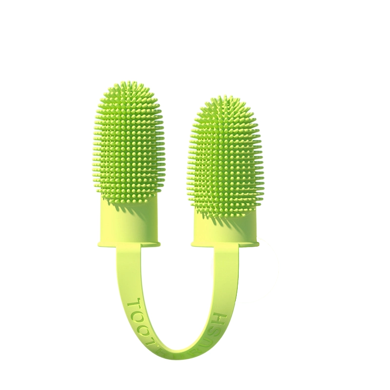 5-Pack greenish-yellow Double Finger Pet Toothbrush - Soft TPR Dog Cat Dental Finger Brush Set - Image 1