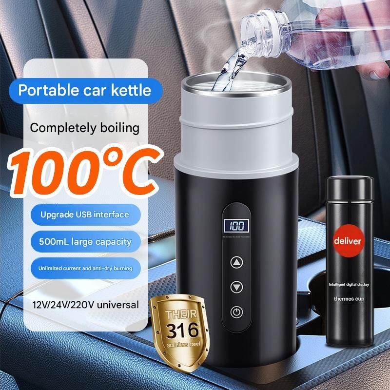 Black Portable Car Electric Kettle 12V/24V Universal USB Travel Water Boiler 500ml 316 Stainless Steel Smart Temperature Control - Image 2