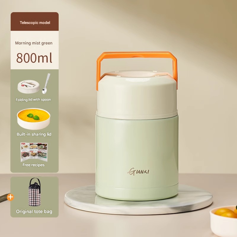 Green 800ml Stainless Steel Thermal Stew Jar Portable Insulated Lunch Pot with Handle – Vacuum Insulated Soup Container(Retractable style) - Image 1