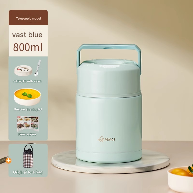 Blue 800ml Stainless Steel Thermal Stew Jar Portable Insulated Lunch Pot with Handle – Vacuum Insulated Soup Container(Retractable style) - Image 1