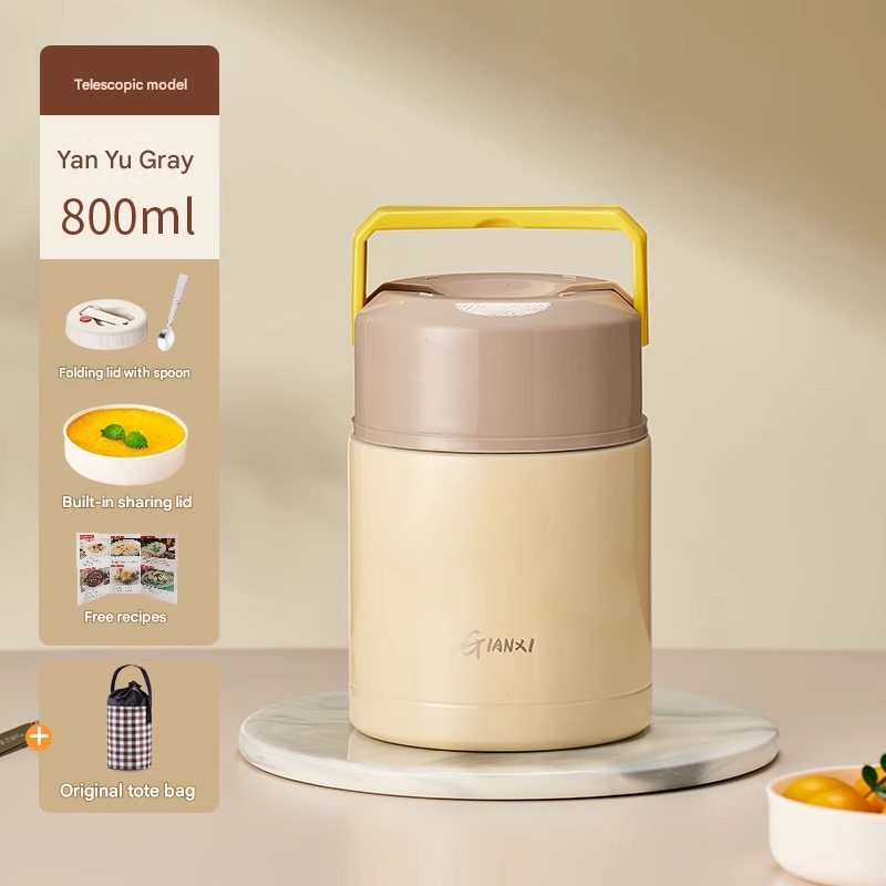 Brown 800ml Stainless Steel Thermal Stew Jar Portable Insulated Lunch Pot with Handle – Vacuum Insulated Soup Container(Retractable style) - Image 1