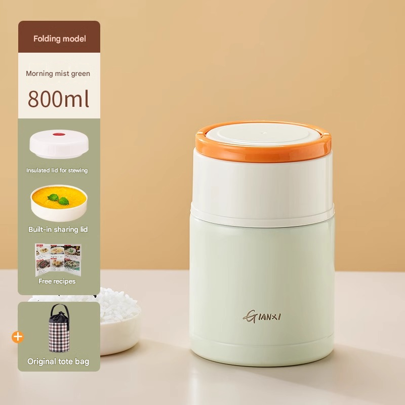 Green 800ml Stainless Steel Thermal Stew Jar Portable Insulated Lunch Pot with Handle – Vacuum Insulated Soup Container(Foldable model) - Image 1