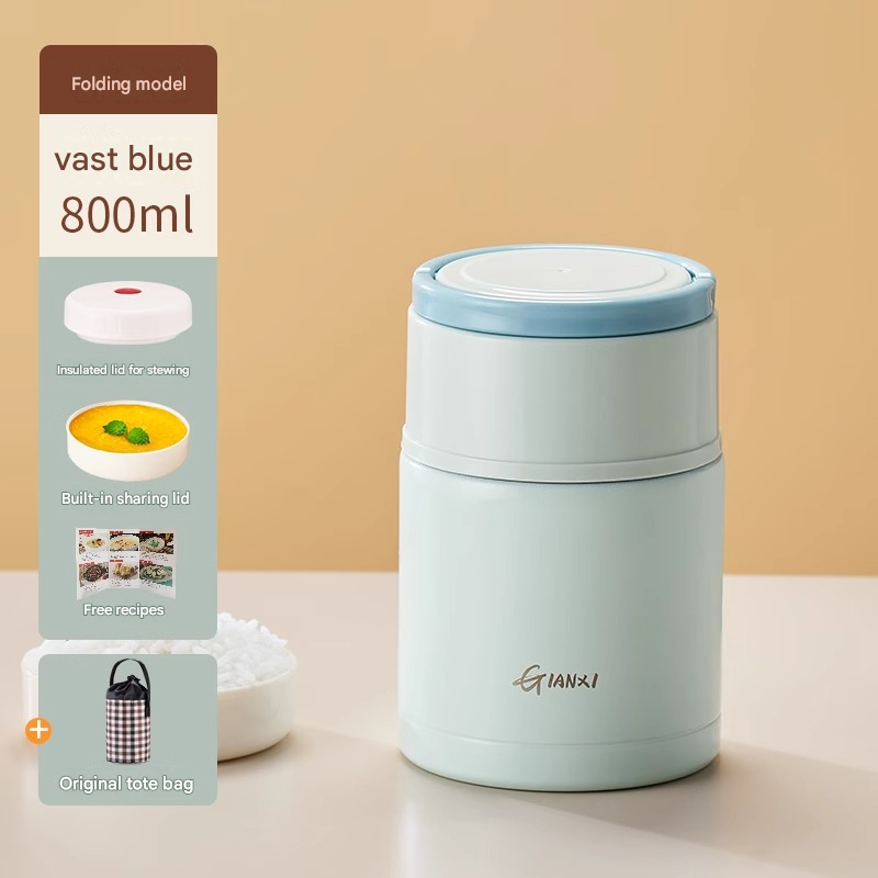 Blue 800ml Stainless Steel Thermal Stew Jar Portable Insulated Lunch Pot with Handle – Vacuum Insulated Soup Container(Foldable model) - Image 1