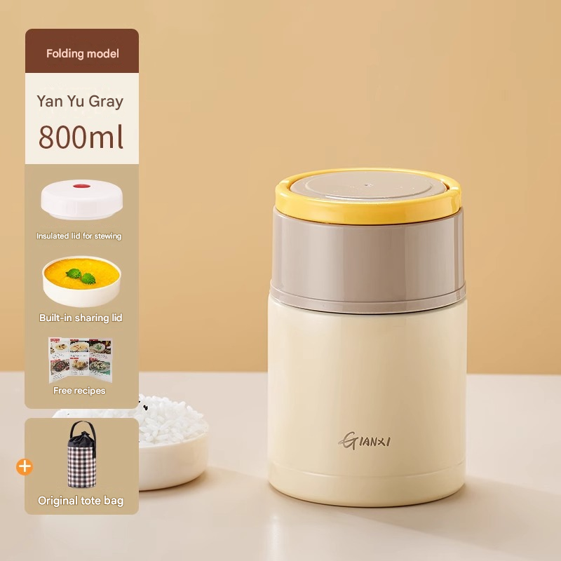 Brown 800ml Stainless Steel Thermal Stew Jar Portable Insulated Lunch Pot with Handle – Vacuum Insulated Soup Container(Foldable model) - Image 1